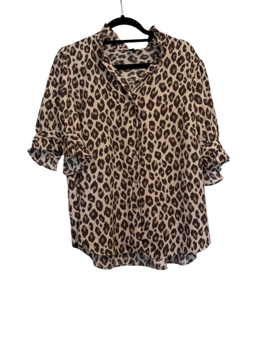 Ann Taylor Leopard Print Ruffle Blouse Women’s XL Animal Print Button Front